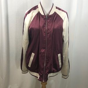 Forever 21 Maroon and Cream Satin Bomber Jacket